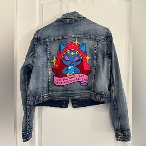 Rubberband Stretch Denim Jacket L Juniors Crystal Ball Cat Graphic